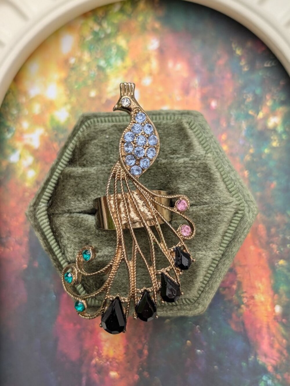 Vintage Peacock Statement Ring with Rhinestones, size 8